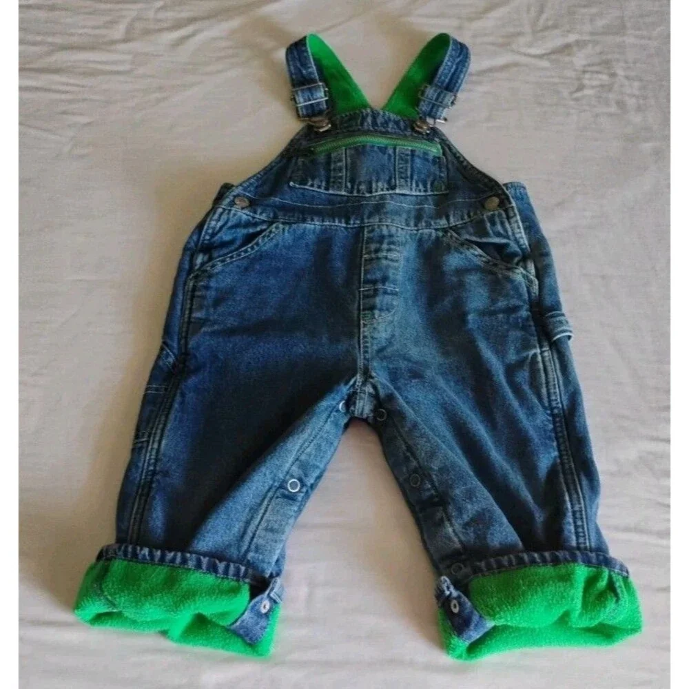 Vtg BABY GAP Denim Overalls Green Fleece Lined Zip Pocket Utility 18-24 Mo RARE